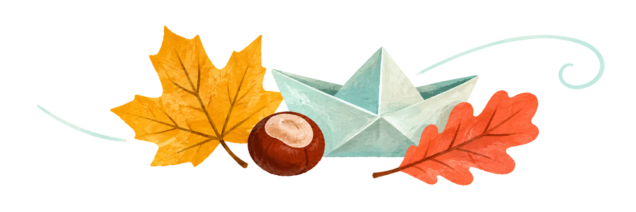 Herbstblätter, eine Kastanie und ein kleines Papierboot in warmen Farben.
